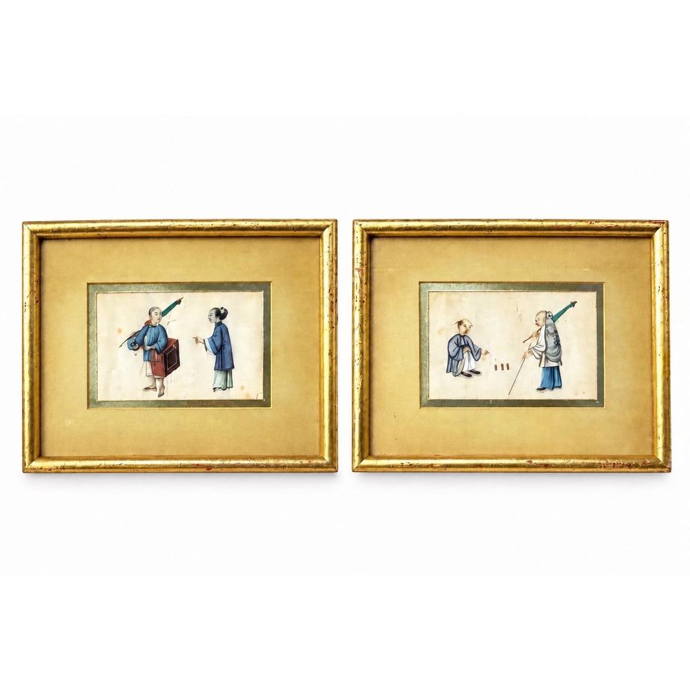 Antique Chinese Qing Dynasty Pith Paintings Pair, 19th Century Rice Paper Framed